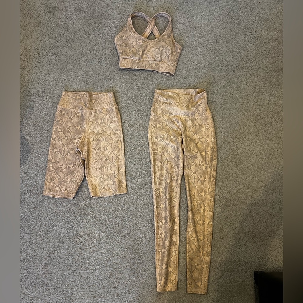 Electric yoga snake skin leggings, bra, and shorts